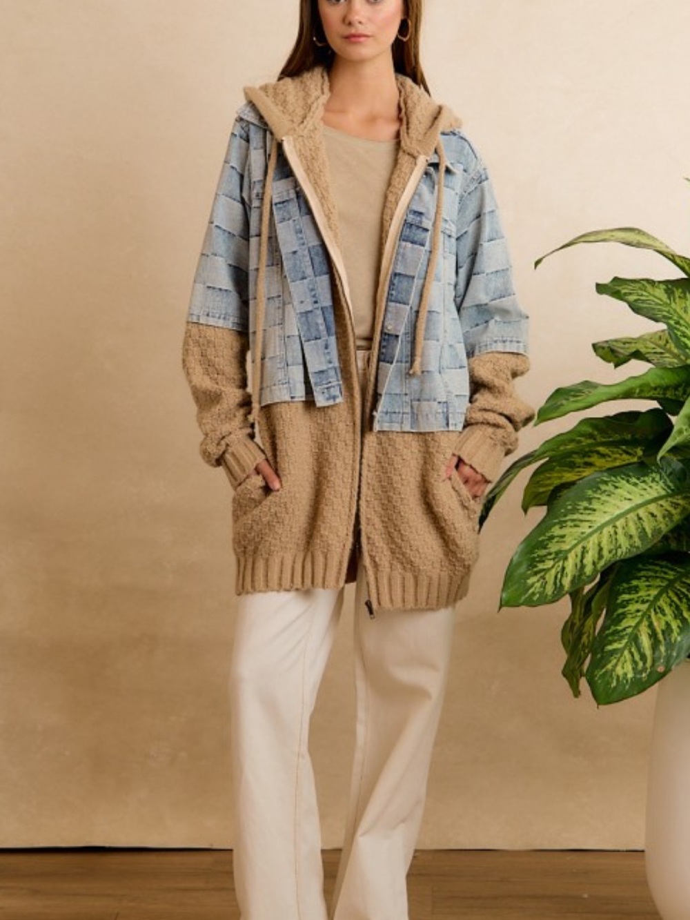 BiBi Denim Basket Weave with Attached Hooded Beige Sweater